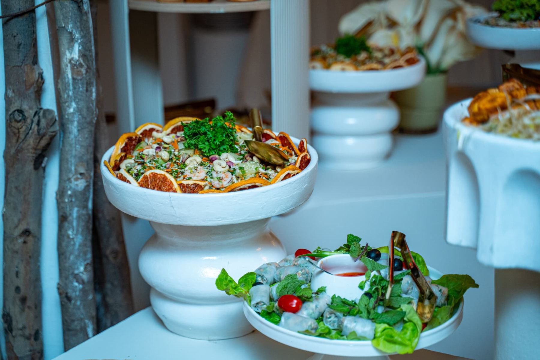 Présentoirs du buffet traiteur, salade et rouleaux de printemps