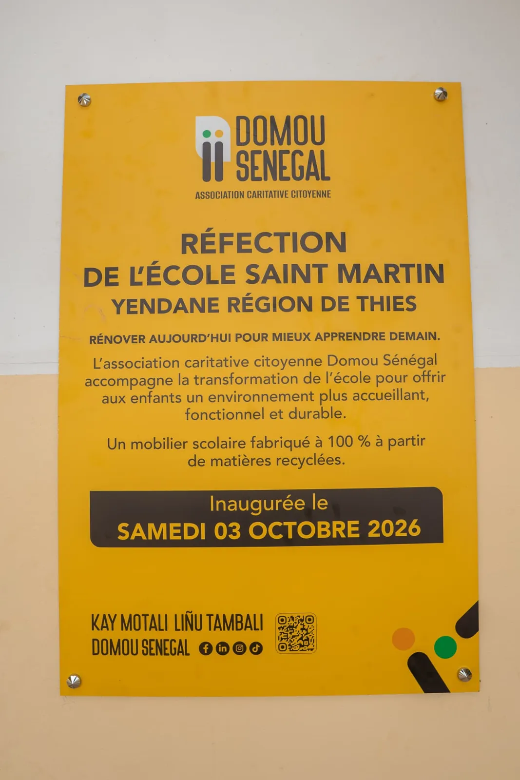 Plaque d'inauguration de la réfection de l'École Saint-Martin, 3 octobre 2026