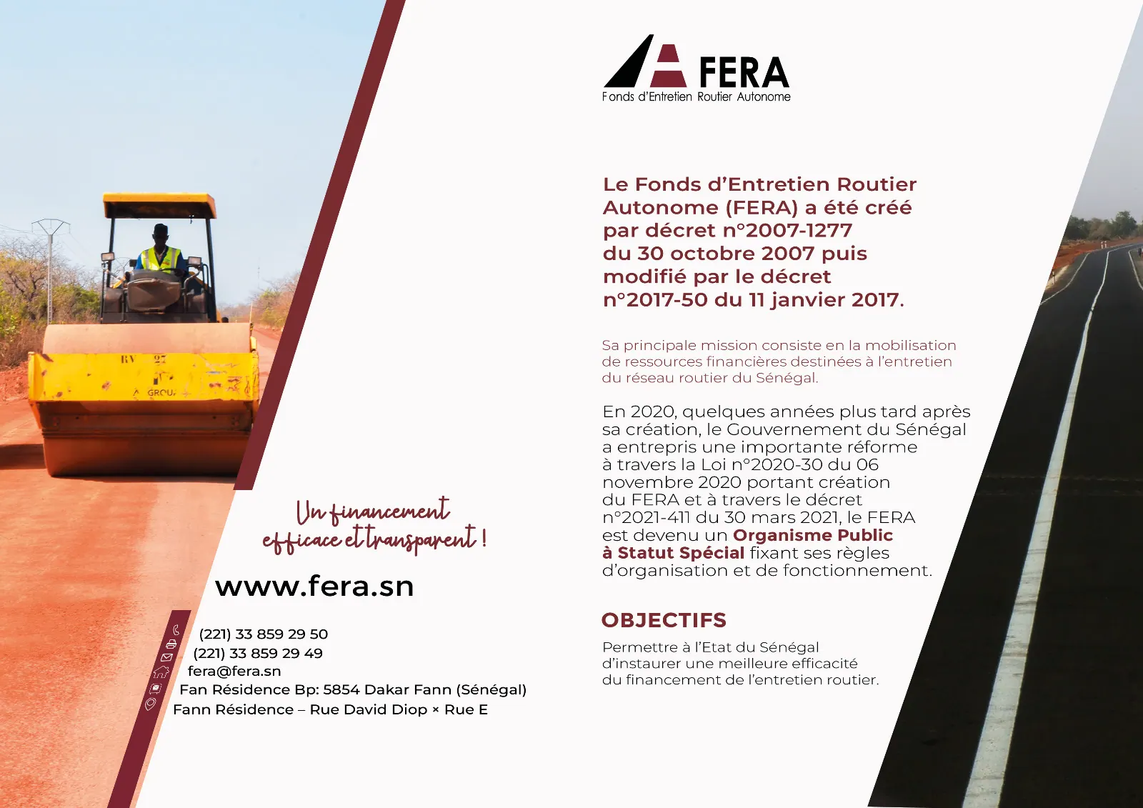 Couverture du dépliant FERA, compacteur sur une piste en latérite