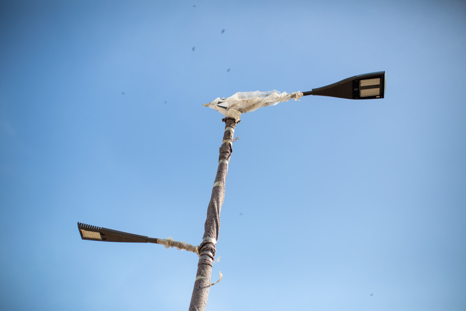 Lampadaire neuf encore protégé le long du corridor