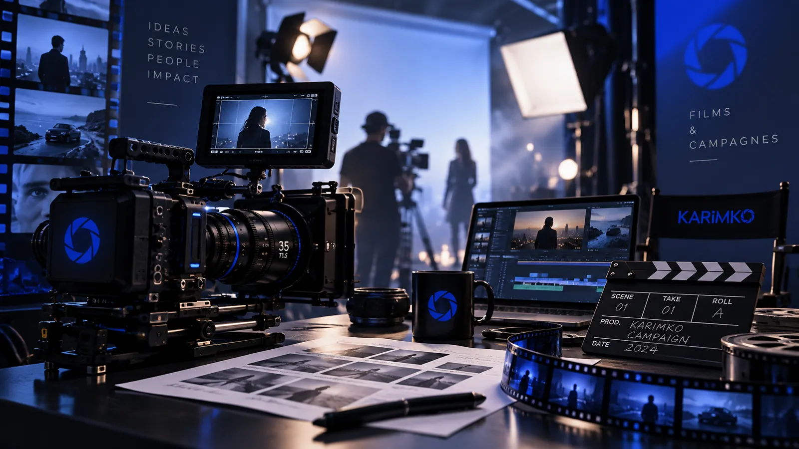 Plateau de tournage KARIMKO : caméra, montage et clap pour films et campagnes.