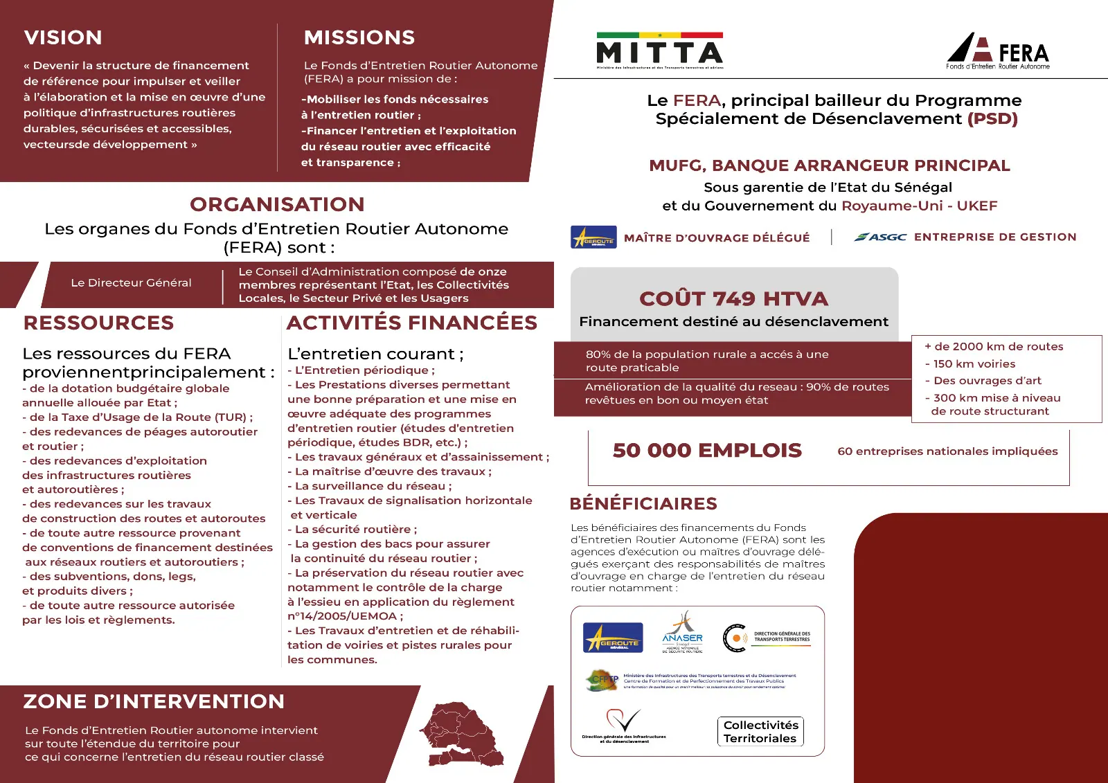 Intérieur du dépliant : vision, missions, organisation, ressources et bénéficiaires