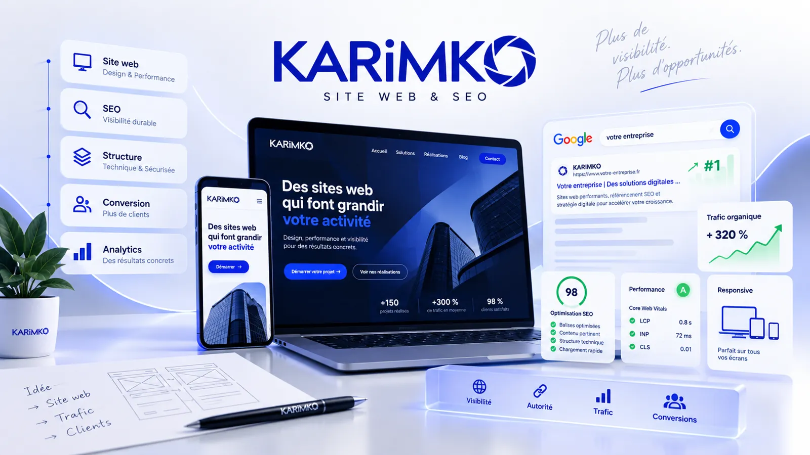 Visuel KARIMKO site web & SEO : ordinateur, mobile et indicateurs de référencement.